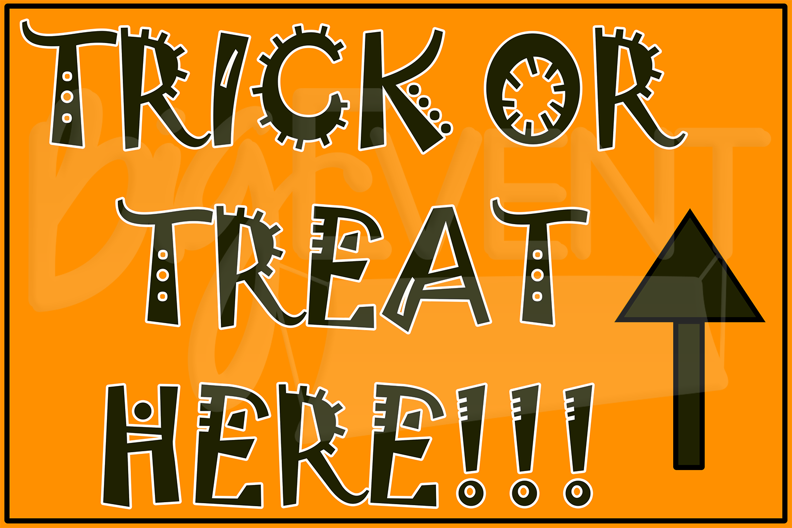 Orange Trick or Treat Here yard sign with a black arrow